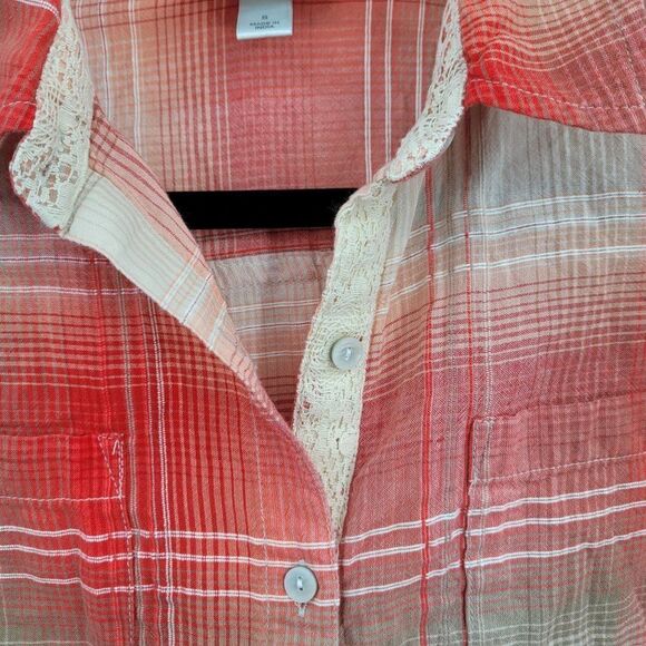 Dress Barn Lightweight Roll Tab Sleeve Blouse S Peach Coral Plaid Button India - Picture 7 of 15